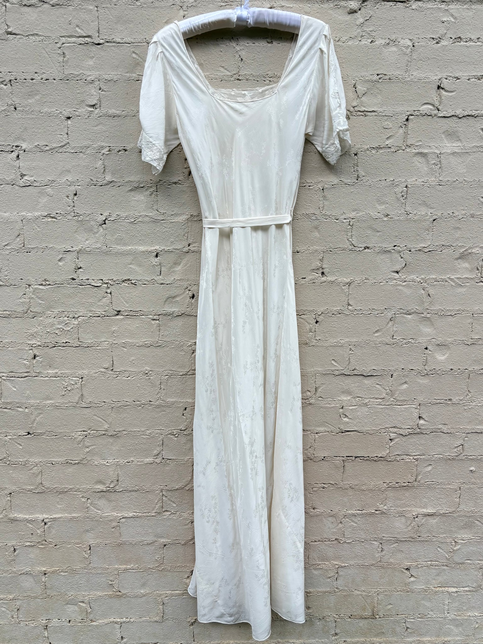 1940s Silk Brocade White Bias Cut Slip Dress Net Mesh Appliqué Lace Wedding Gown Open Sleeves