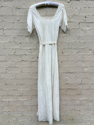 1940s Silk Brocade White Bias Cut Slip Dress Net Mesh Appliqué Lace Wedding Gown Open Sleeves