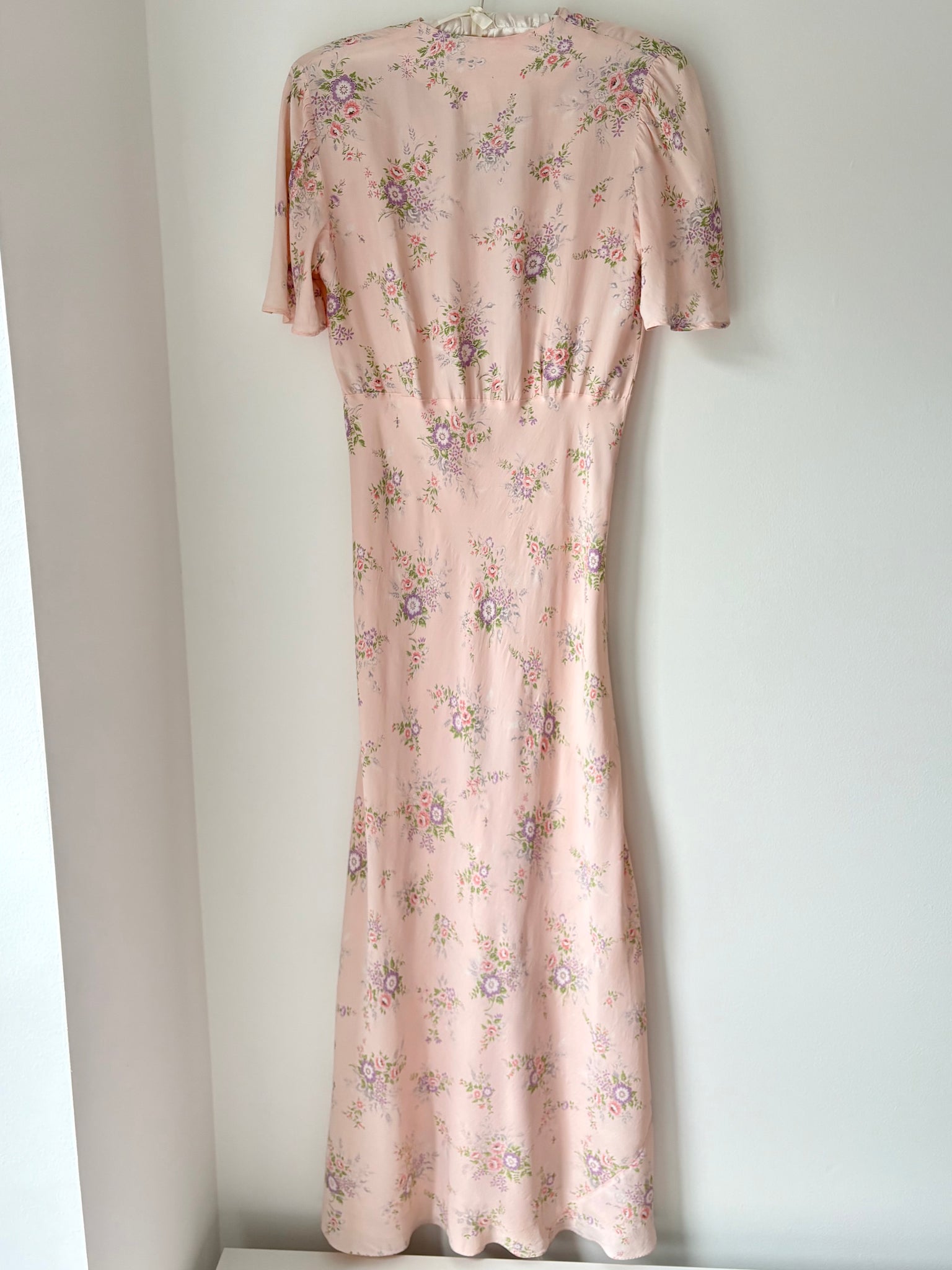 1940s Pink Rose Print Floral Bias Cut Slip Rayon Dress Short Sleeve Button