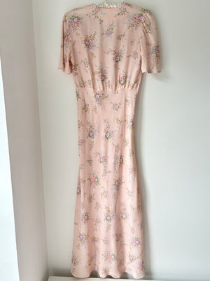 1940s Pink Rose Print Floral Bias Cut Slip Rayon Dress Short Sleeve Button