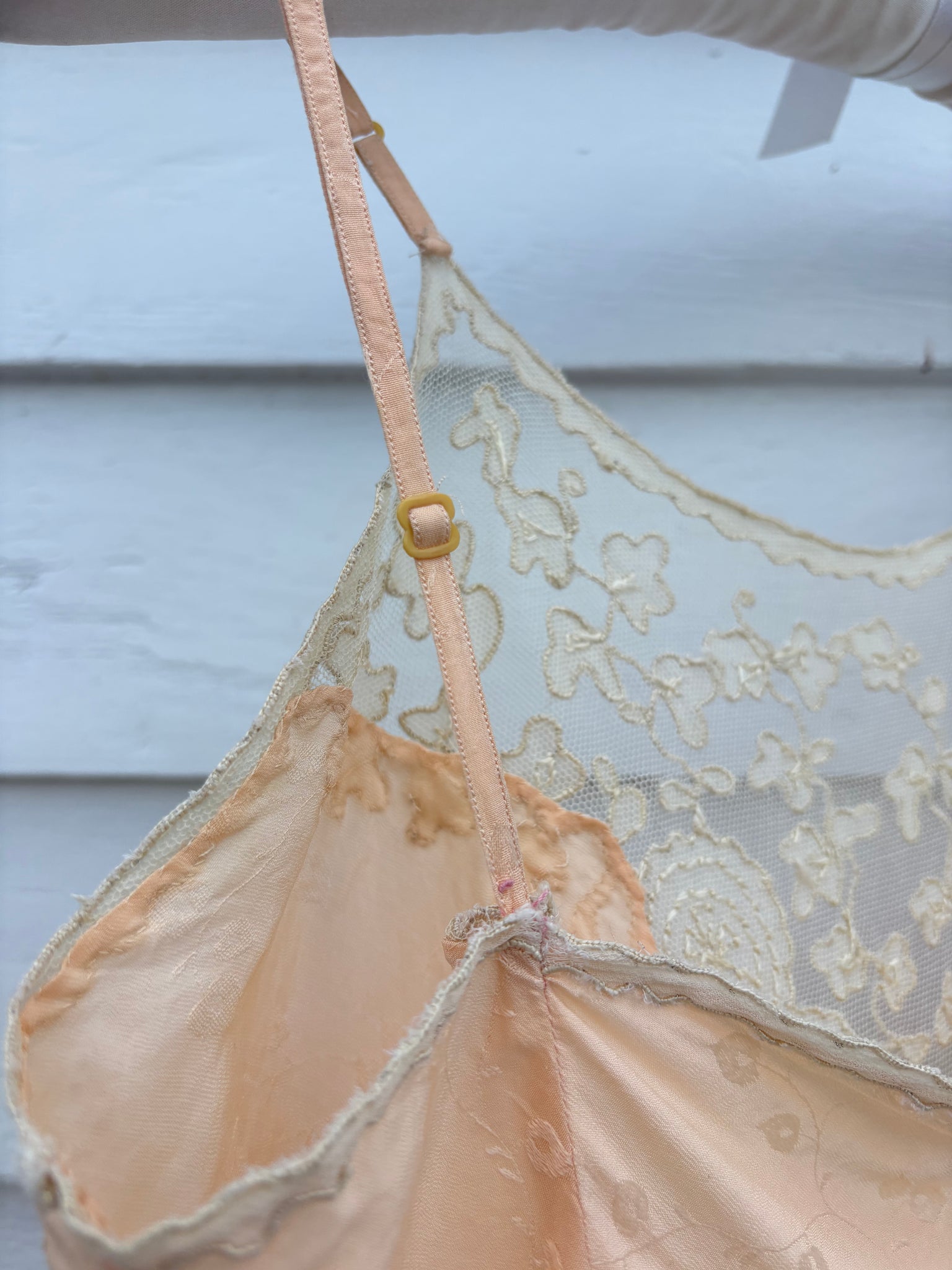 1940s Peach Brocade Silk Cream Net Floral Appliqué Bias Cut Slip Midi Dress