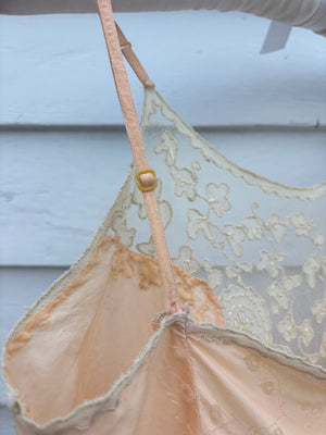 1940s Peach Brocade Silk Cream Net Floral Appliqué Bias Cut Slip Midi Dress