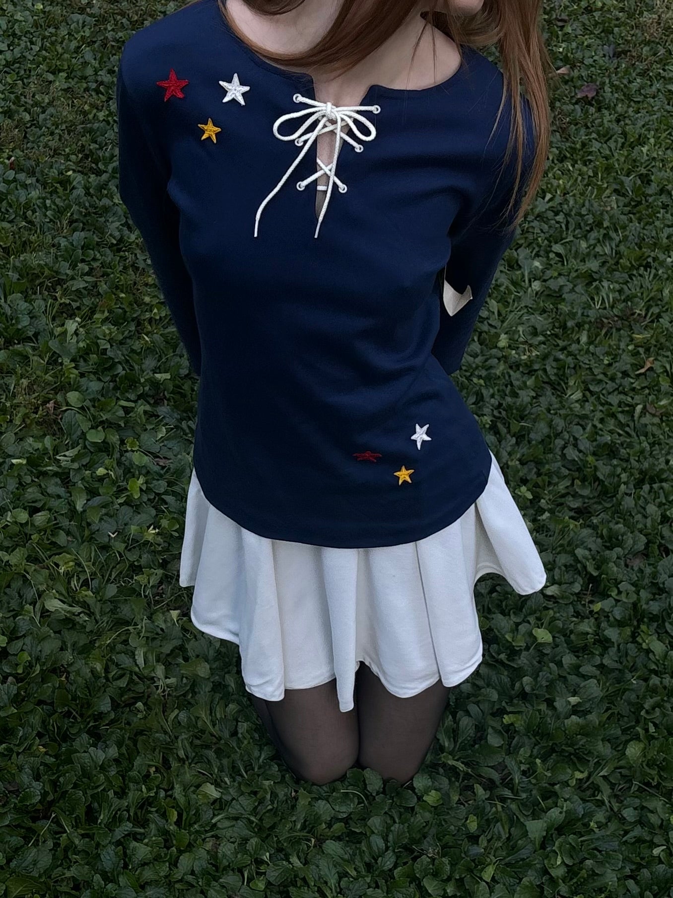 1970s Star Appliqué Navy Blue Lace Up Tee T Shirt Long Sleeve Deadstock