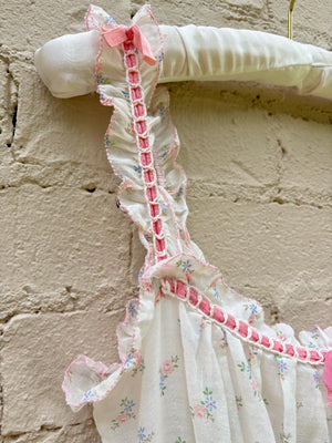 1930s White Cotton Floral Bias Cut Slip Dress Peignoir Set Puff Sleeves Pink Ribbon Rose Floral