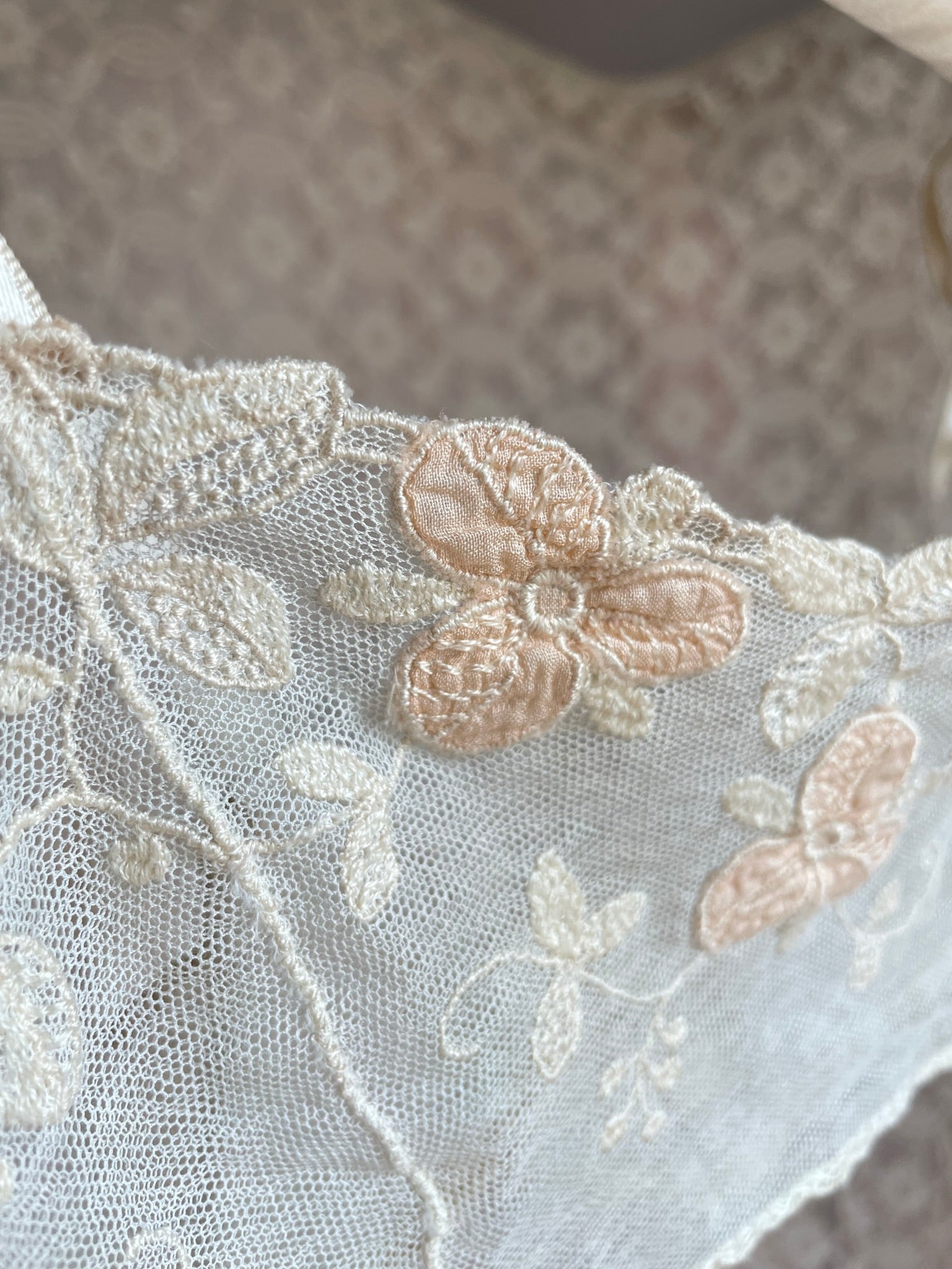 1930s Cream Mesh Floral Appliqué Bra Bralette Ribbon Tie