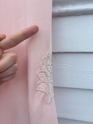 1940s Pale Pink Rose Appliqué Bias Cut Rayon Slip Midi Dress Cream Lace