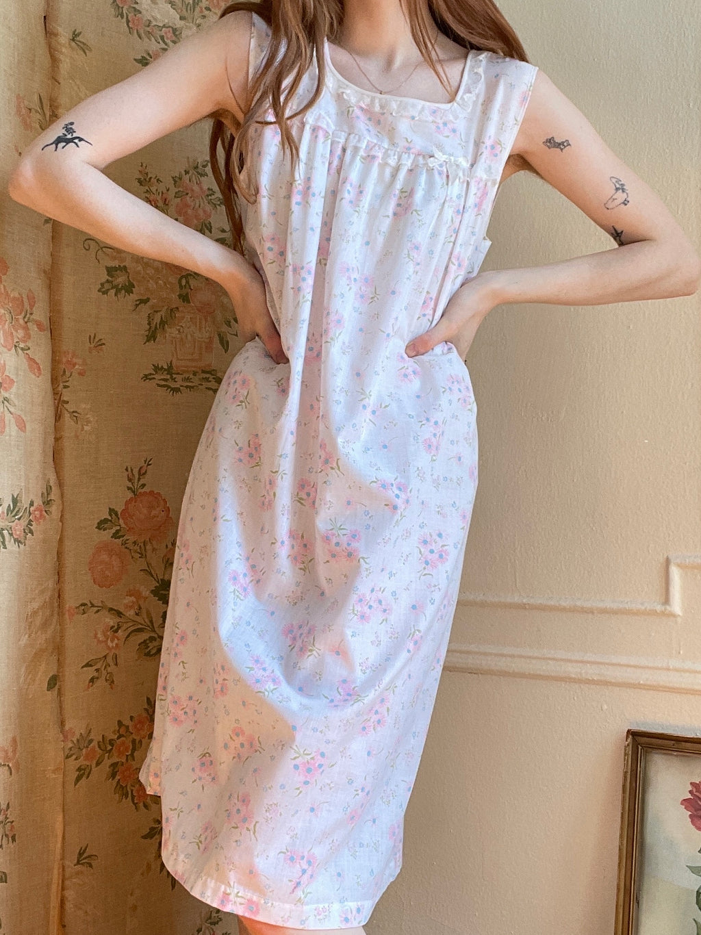 1960s Blue and Pink Floral Daisy White Cotton Dress