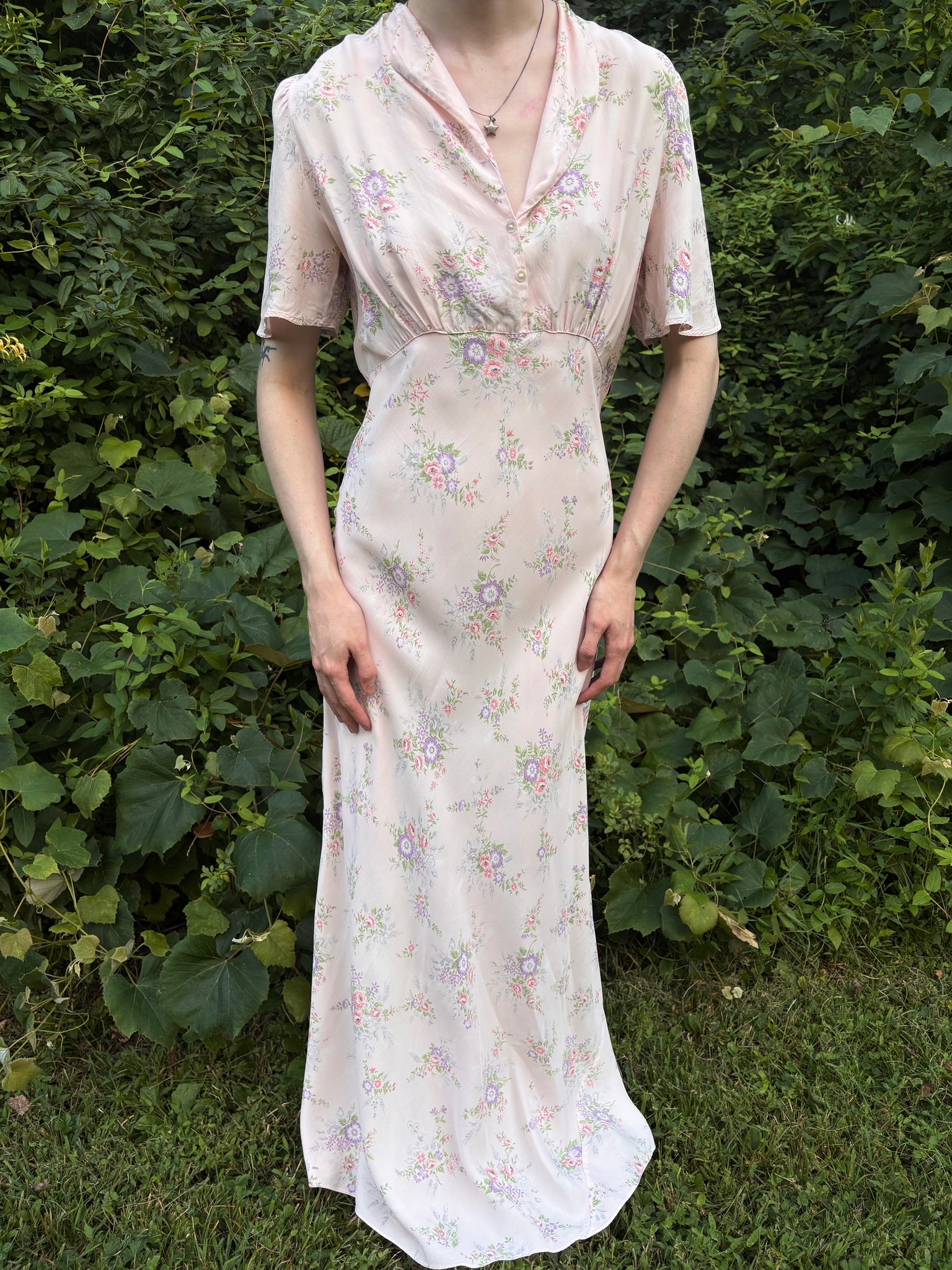 1940s Pink Rose Print Floral Bias Cut Slip Rayon Dress Short Sleeve Button