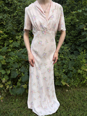 1940s Pink Rose Print Floral Bias Cut Slip Rayon Dress Short Sleeve Button
