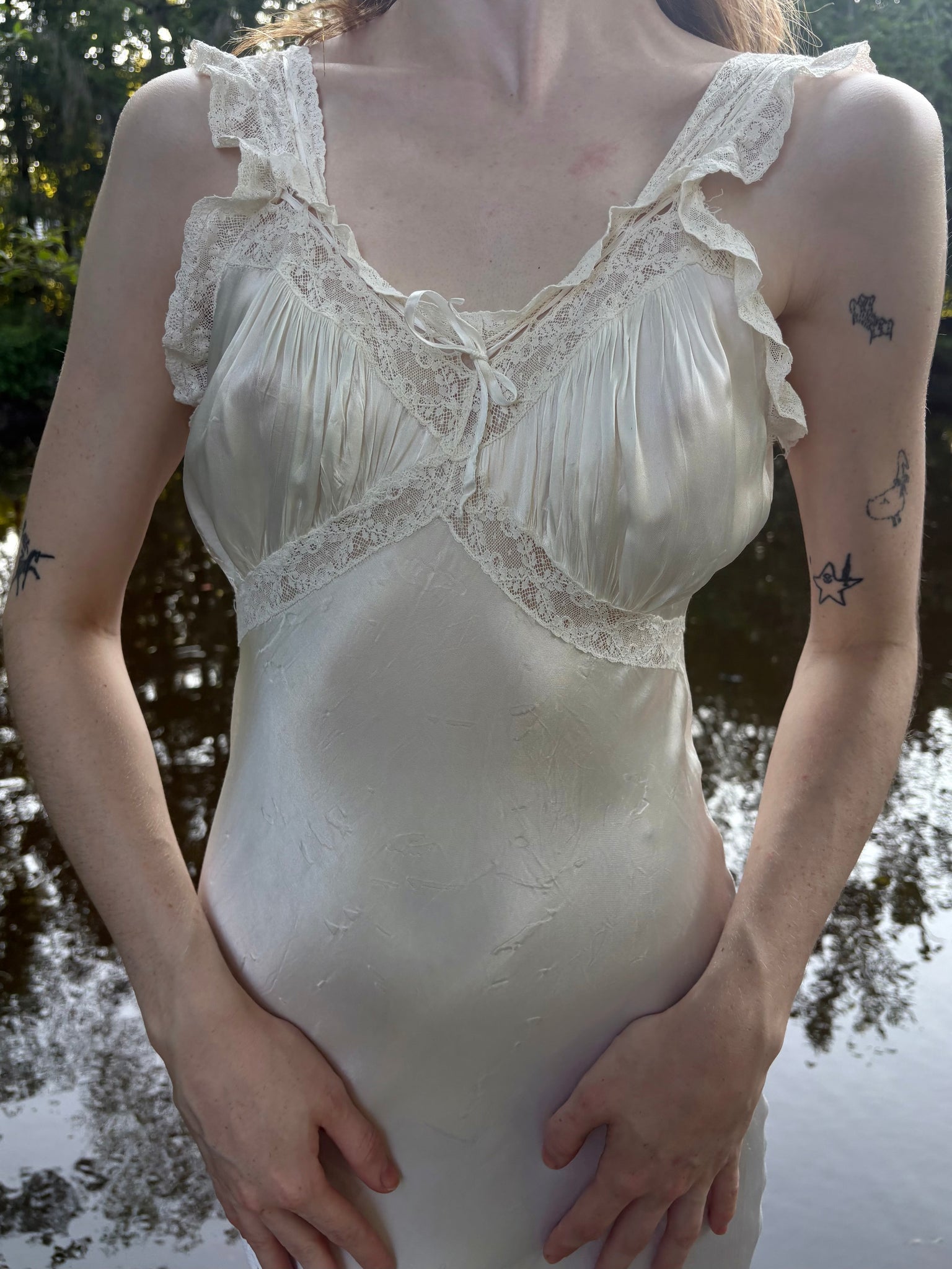 1940s Rayon Satin White Bias Cut Slip Dress Lace Wedding Gown