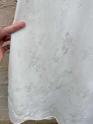 1940s Silk Brocade White Bias Cut Slip Dress Net Mesh Appliqué Lace Wedding Gown Open Sleeves