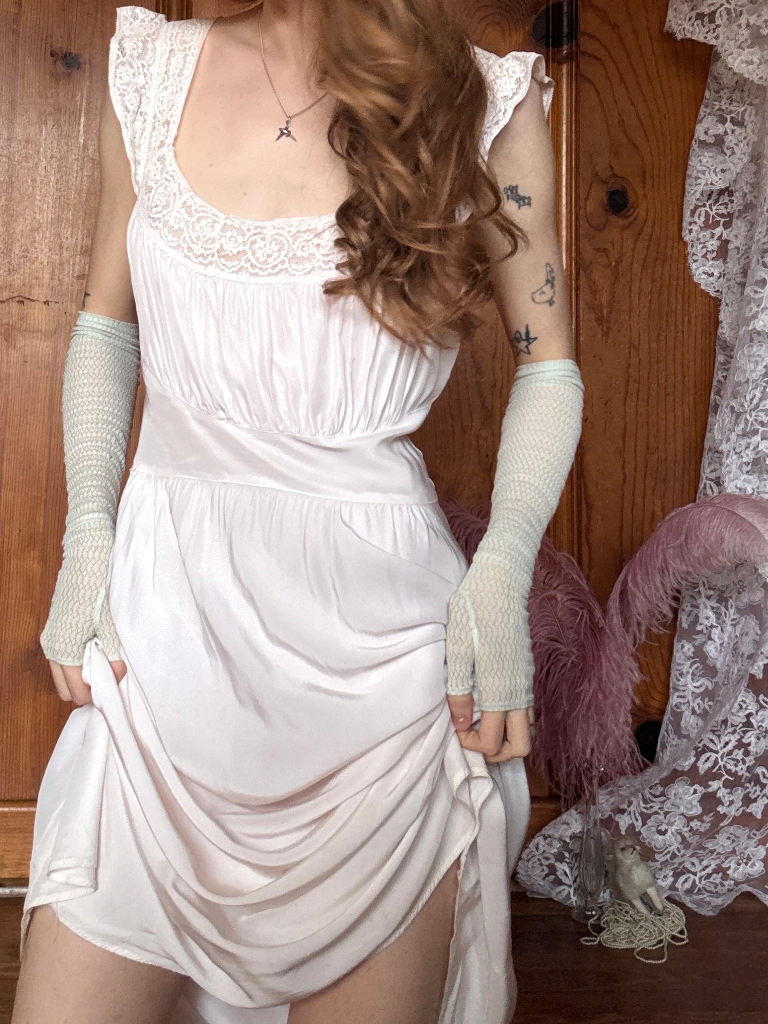 1940s Pale Pink White Lace Bias Cut Slip Dress