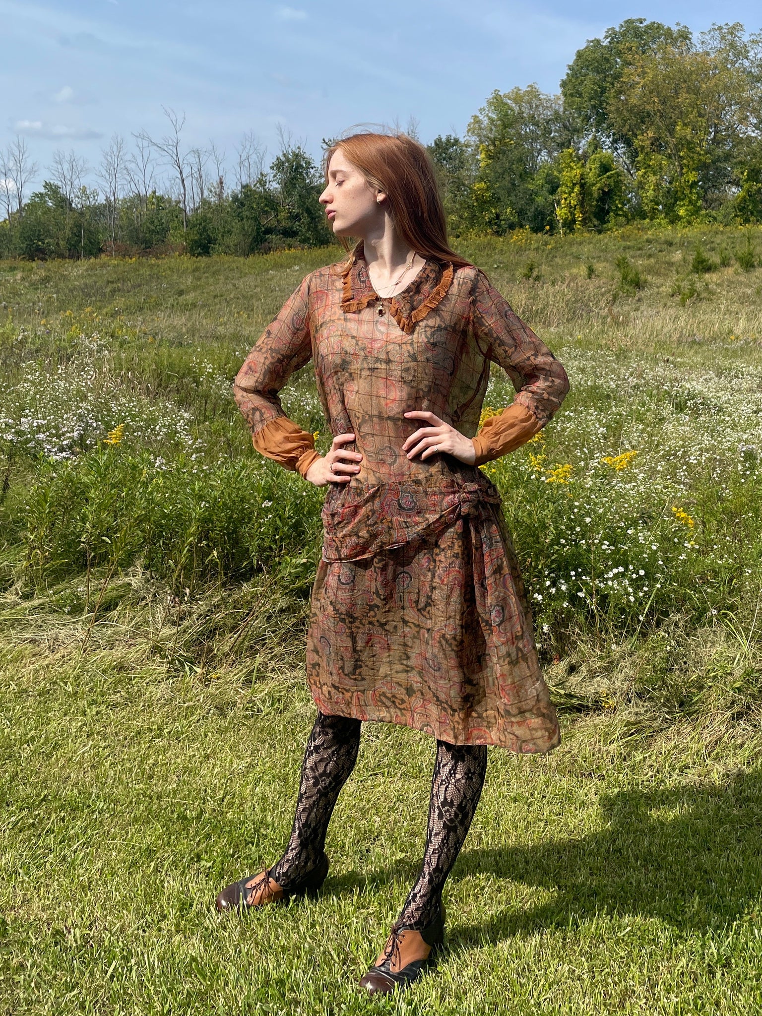 1920s Paisley Silk Chiffon Sheer Dress Orange Red Black Grid – Breath Of the Earth