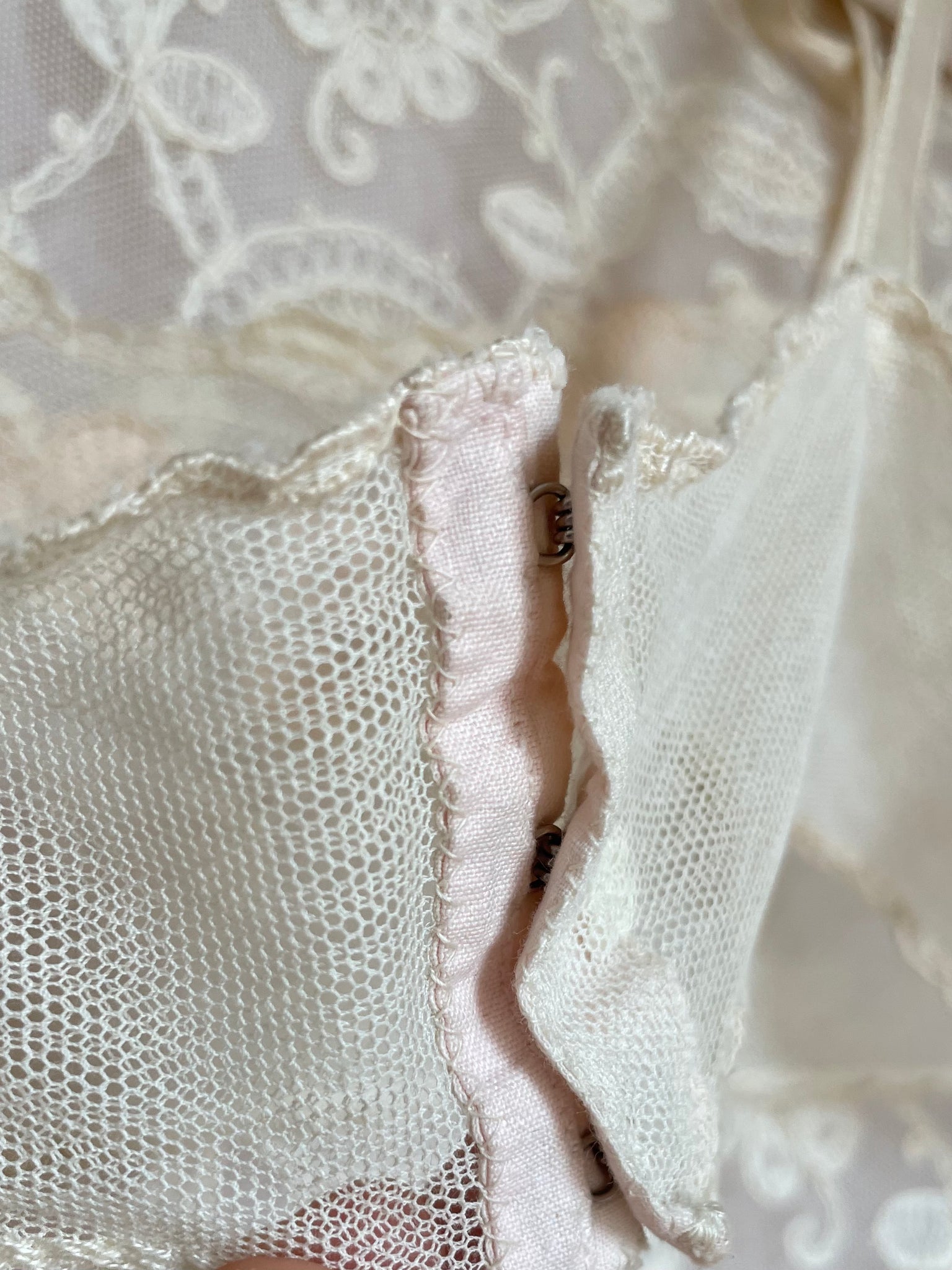 1930s Cream Mesh Floral Appliqué Bra Bralette Ribbon Tie