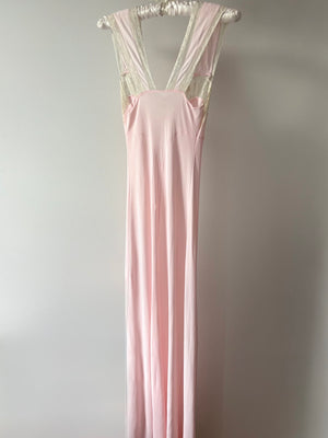 1940s Light Pink Rayon Jersey Bias Cut Slip Dress Cream Lace