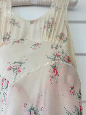 1930s Silk Chiffon Floral Print Cream Lace Bias Cut Slip Dress