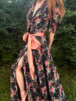 1940s Black Rose Floral Wrap Dress Printed Rayon Puff Sleeve