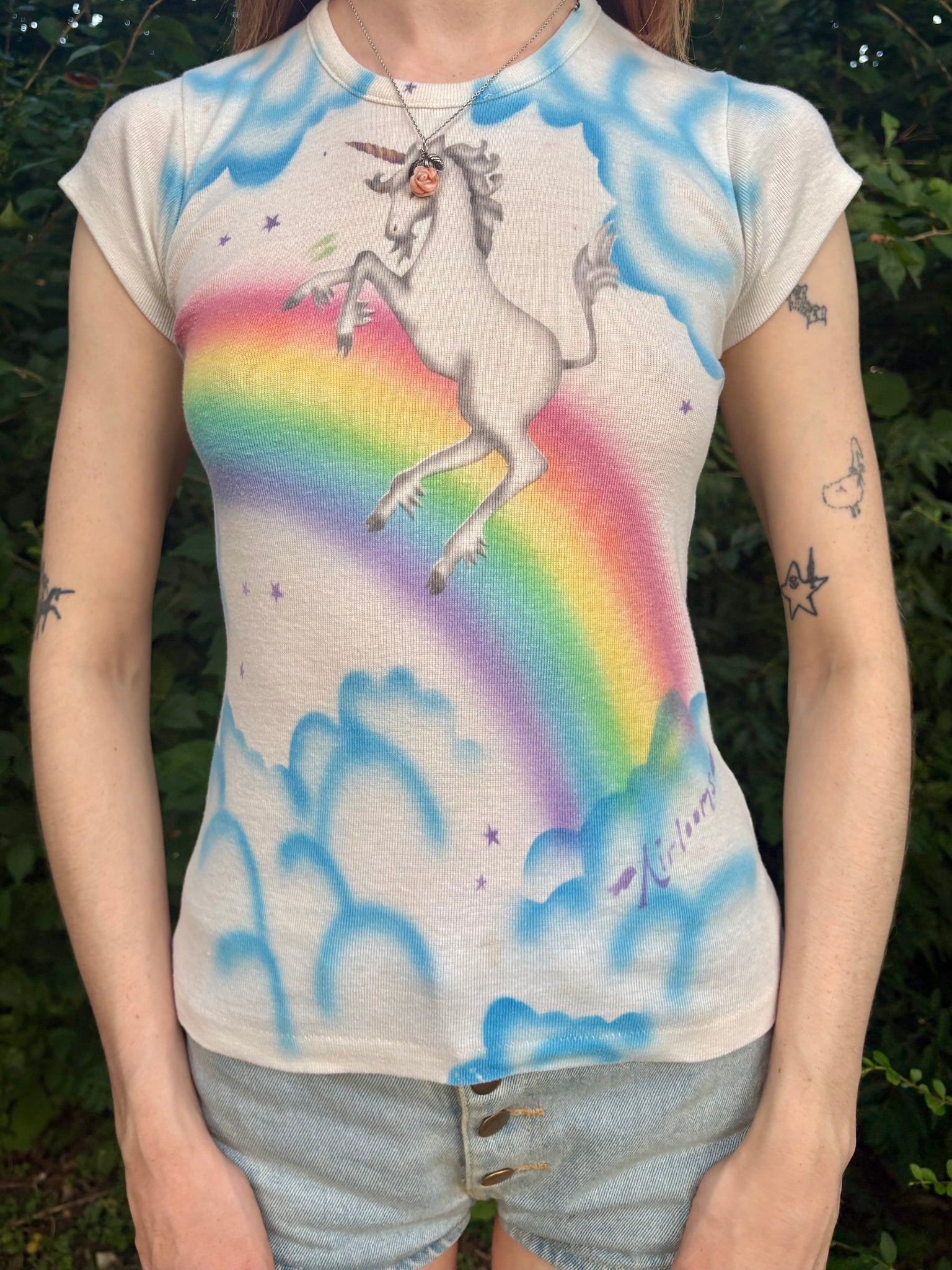 1980s Unicorn Pink Tee T Shirt Short Sleeve French Cut Airbrush