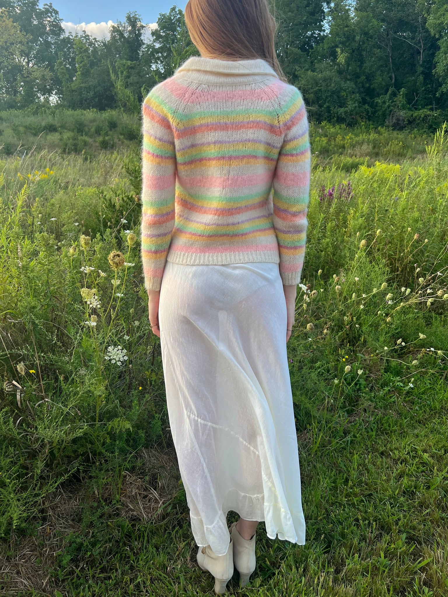 1960s Rainbow Pink Green Mohair Wool Knit Cardigan Sweater