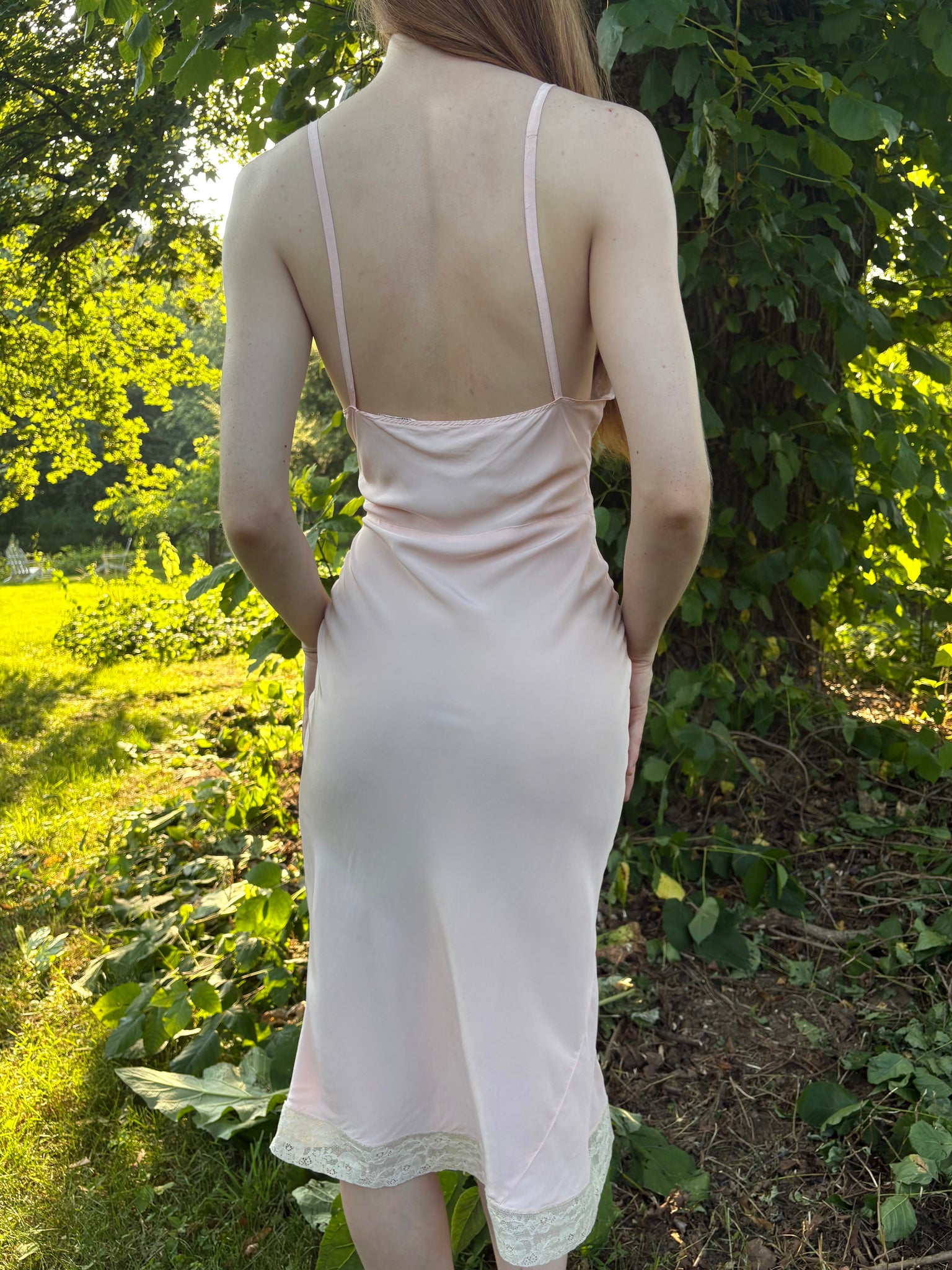 1940s Pale Pink Rose Appliqué Bias Cut Rayon Slip Midi Dress Cream Lace