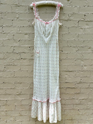 1930s White Cotton Floral Bias Cut Slip Dress Peignoir Set Puff Sleeves Pink Ribbon Rose Floral