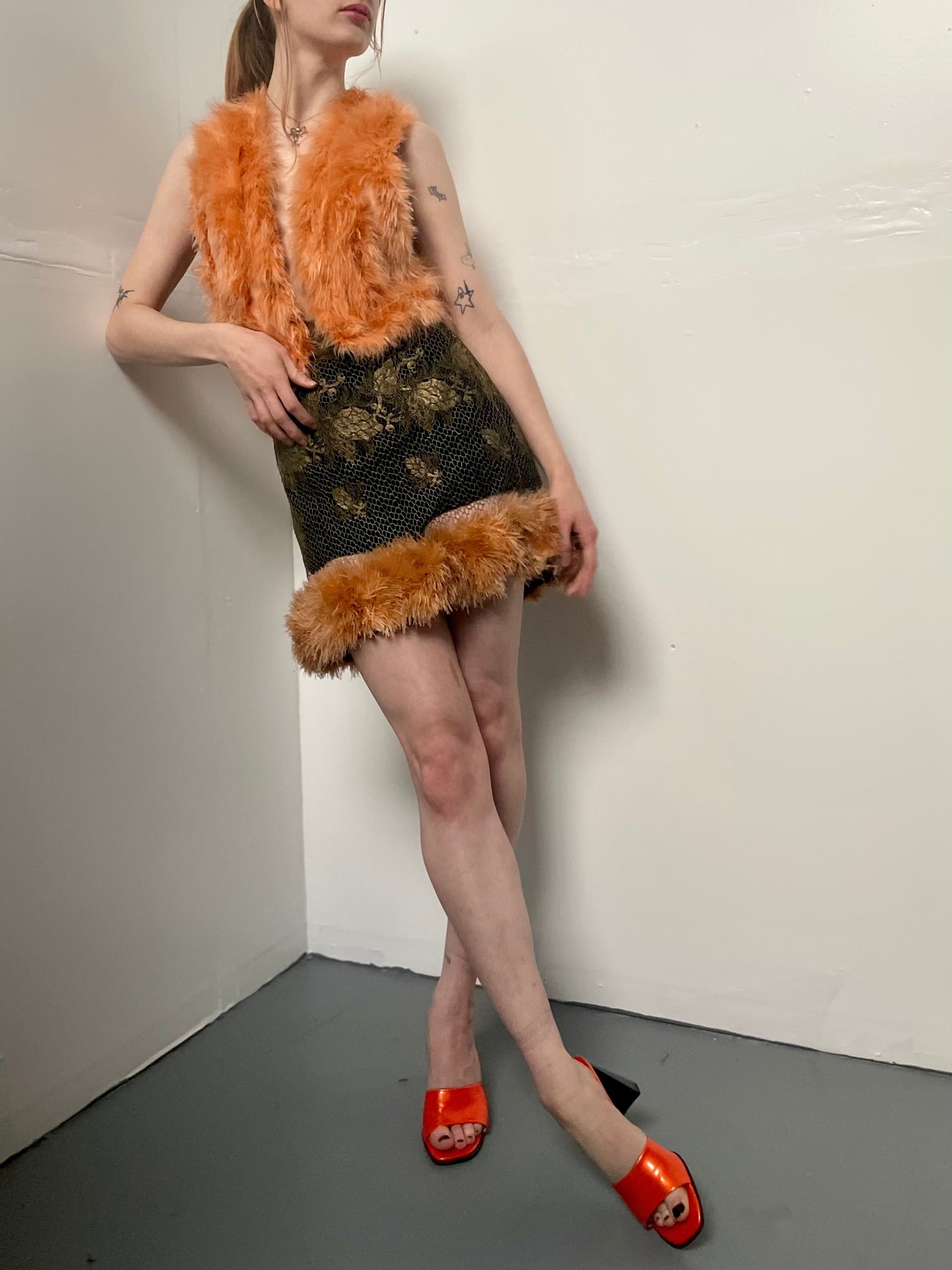 1920s Gold Lamé Lace Orange Marabou Feather Skirt