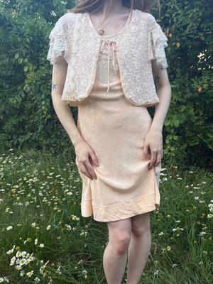 1930s Tambour Lace Bolero Leaf Embroidery Cream Peach Trim Ruffle Sleeve Tie Front Bed Jacket