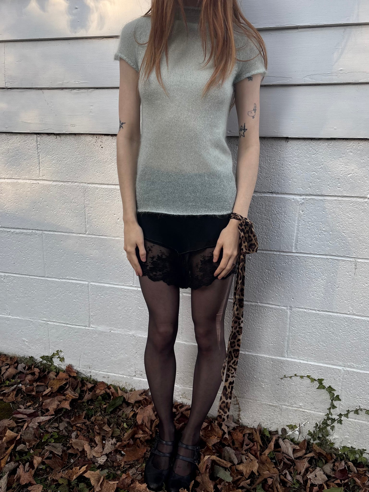2000s Light Blue Fuzzy Mohair Knit Sweater Short Sleeve DKNY