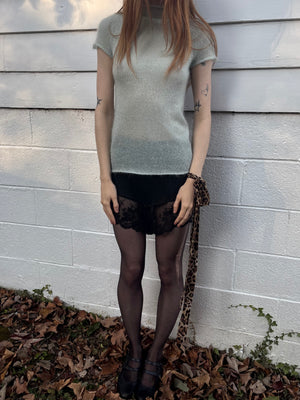 2000s Light Blue Fuzzy Mohair Knit Sweater Short Sleeve DKNY