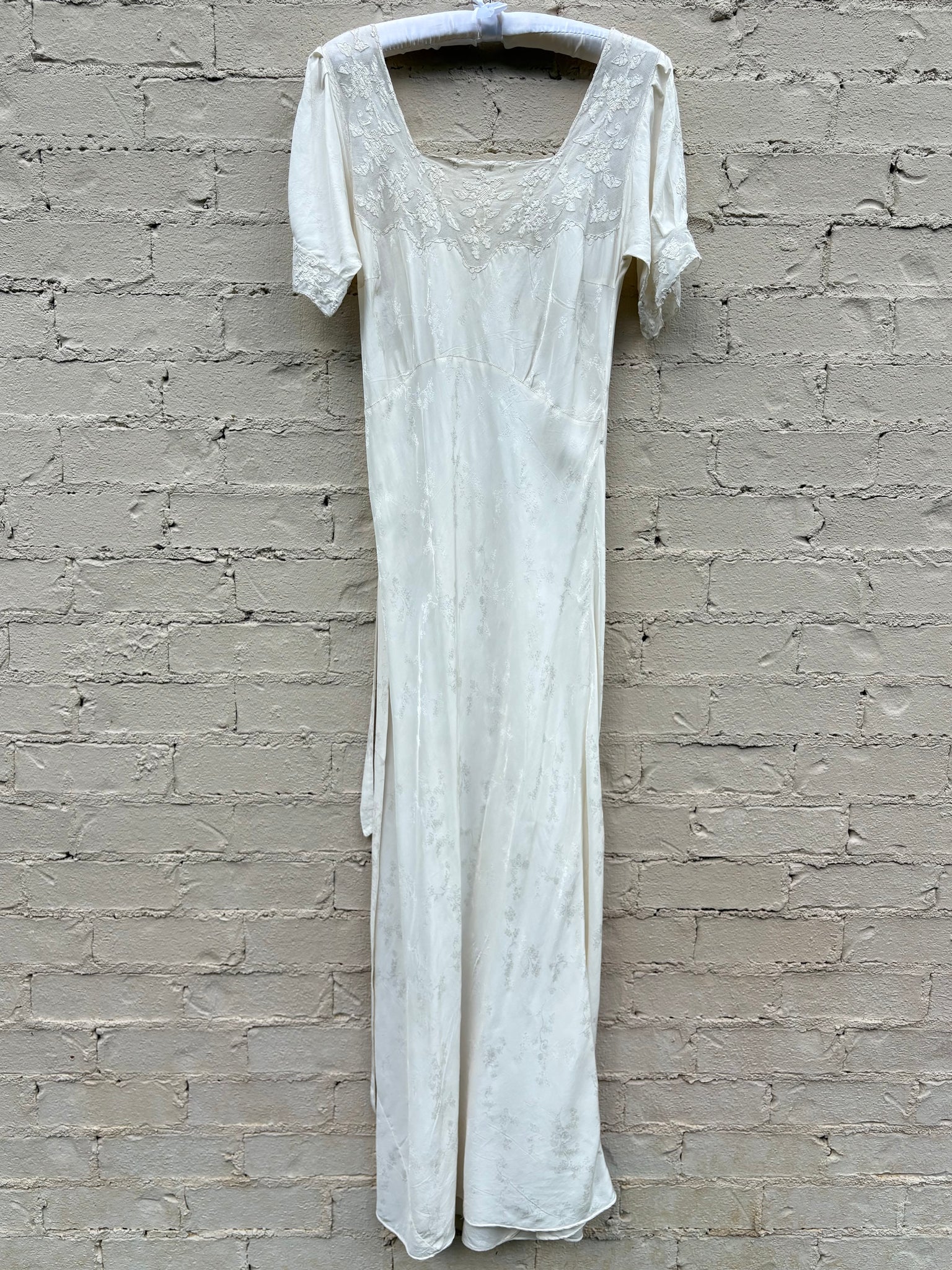 1940s Silk Brocade White Bias Cut Slip Dress Net Mesh Appliqué Lace Wedding Gown Open Sleeves