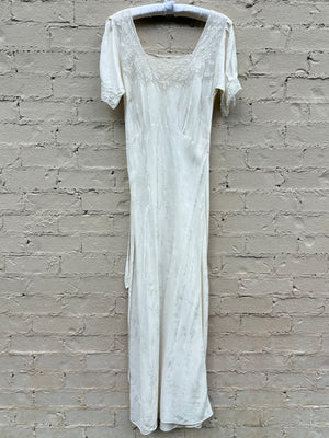 1940s Silk Brocade White Bias Cut Slip Dress Net Mesh Appliqué Lace Wedding Gown Open Sleeves