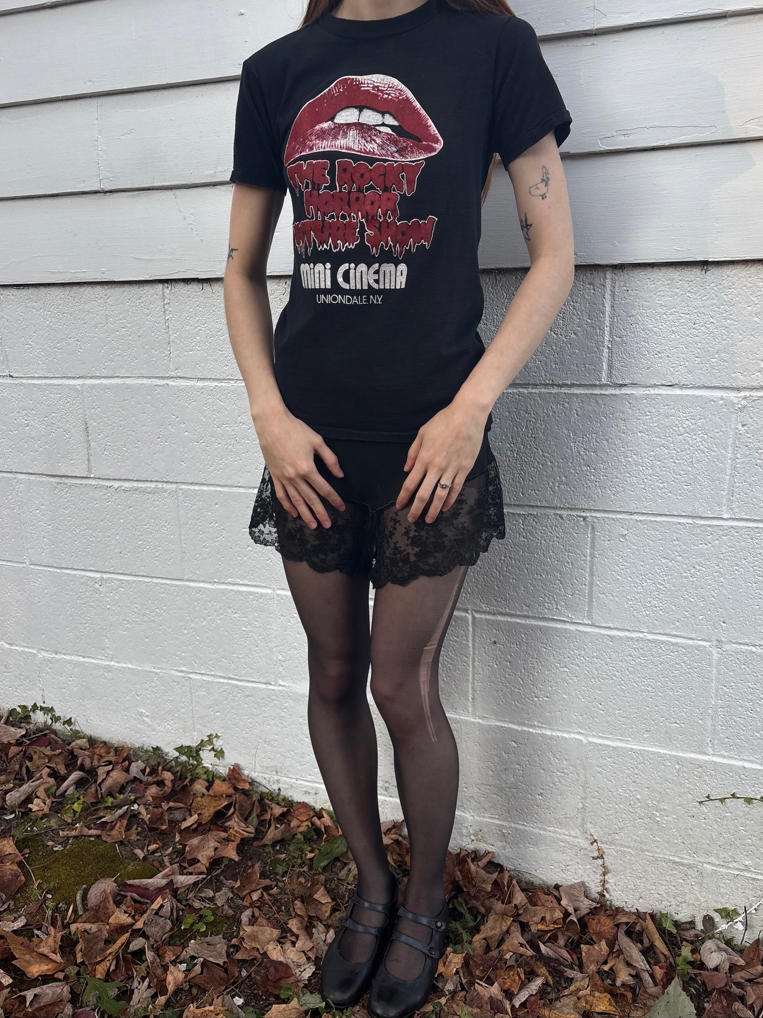1980s Rocky Horror Red Lips Black Tee T Shirt Short Sleeve
