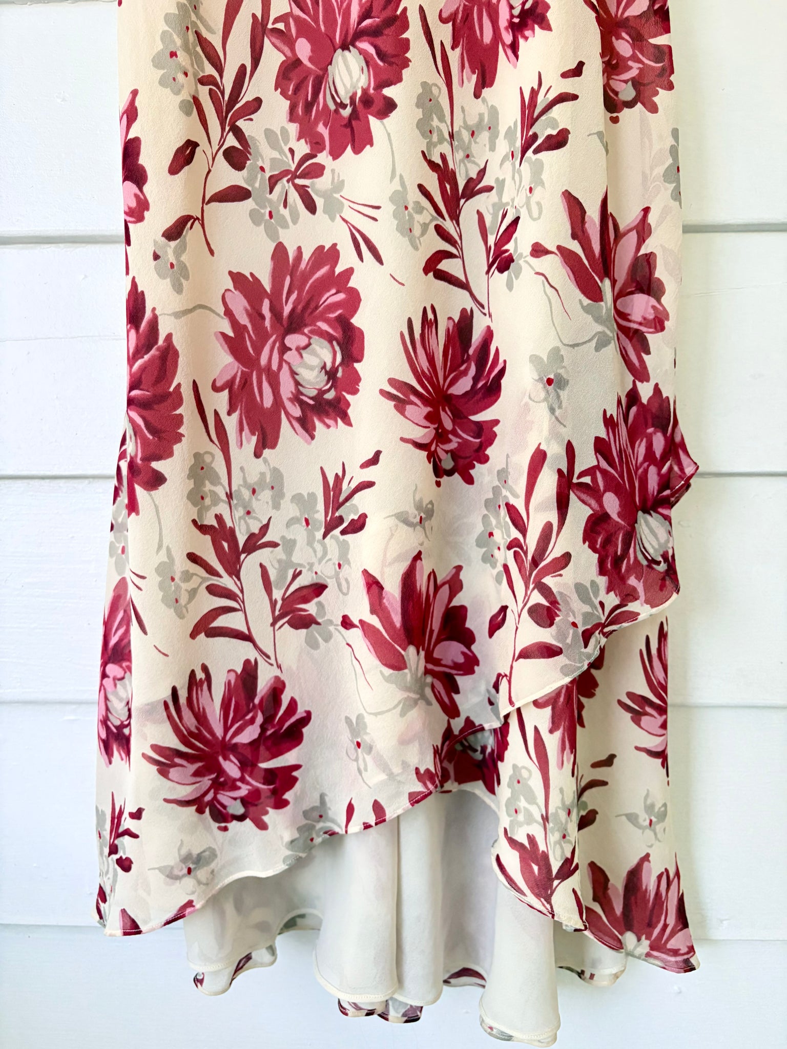1990s Silk Floral Cream Cowl Neck Dress