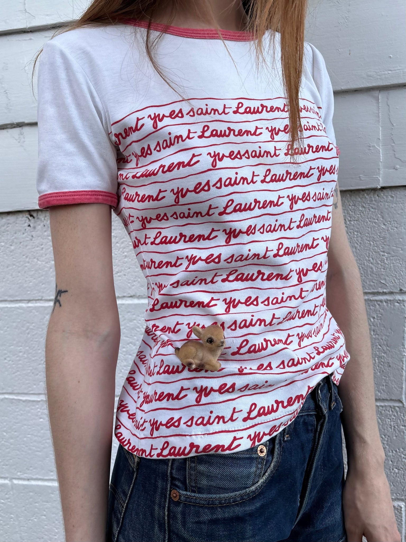 1980s Yves Saint Laurent Script Red White Ringer Tee T Shirt Short Sleeve
