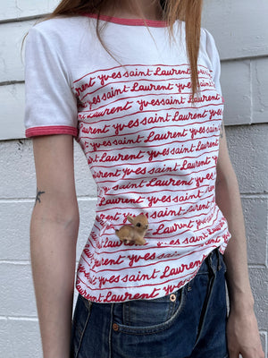 1980s Yves Saint Laurent Script Red White Ringer Tee T Shirt Short Sleeve