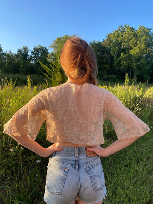 1930s Tambour Lace Bolero Ribbon Floral Flutter Sleeve Tie Front