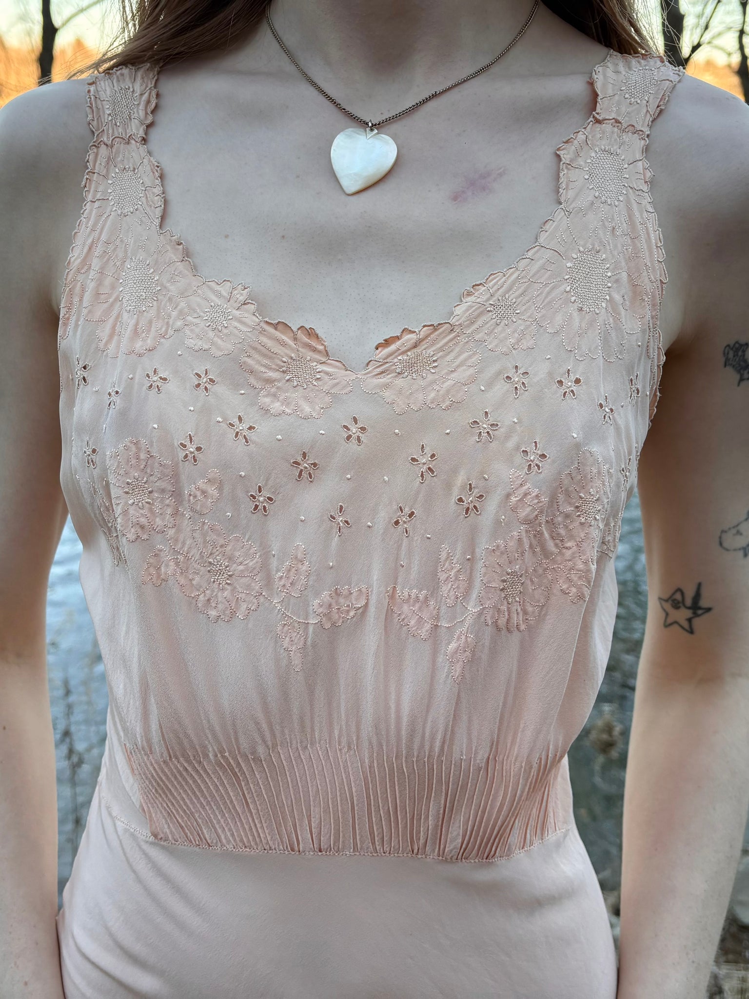 1940s Pink Silk Slip Dress Hand Sewn Floral Details