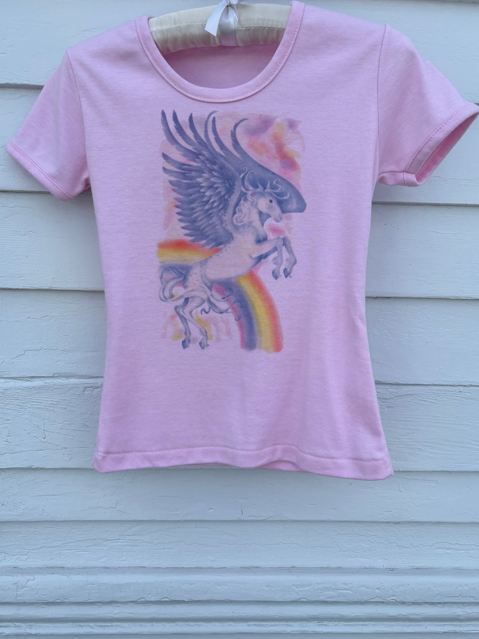 1980s Unicorn Pink Tee T Shirt Short Sleeve French Cut Airbrush