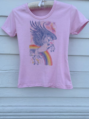 1980s Unicorn Pink Tee T Shirt Short Sleeve French Cut Airbrush