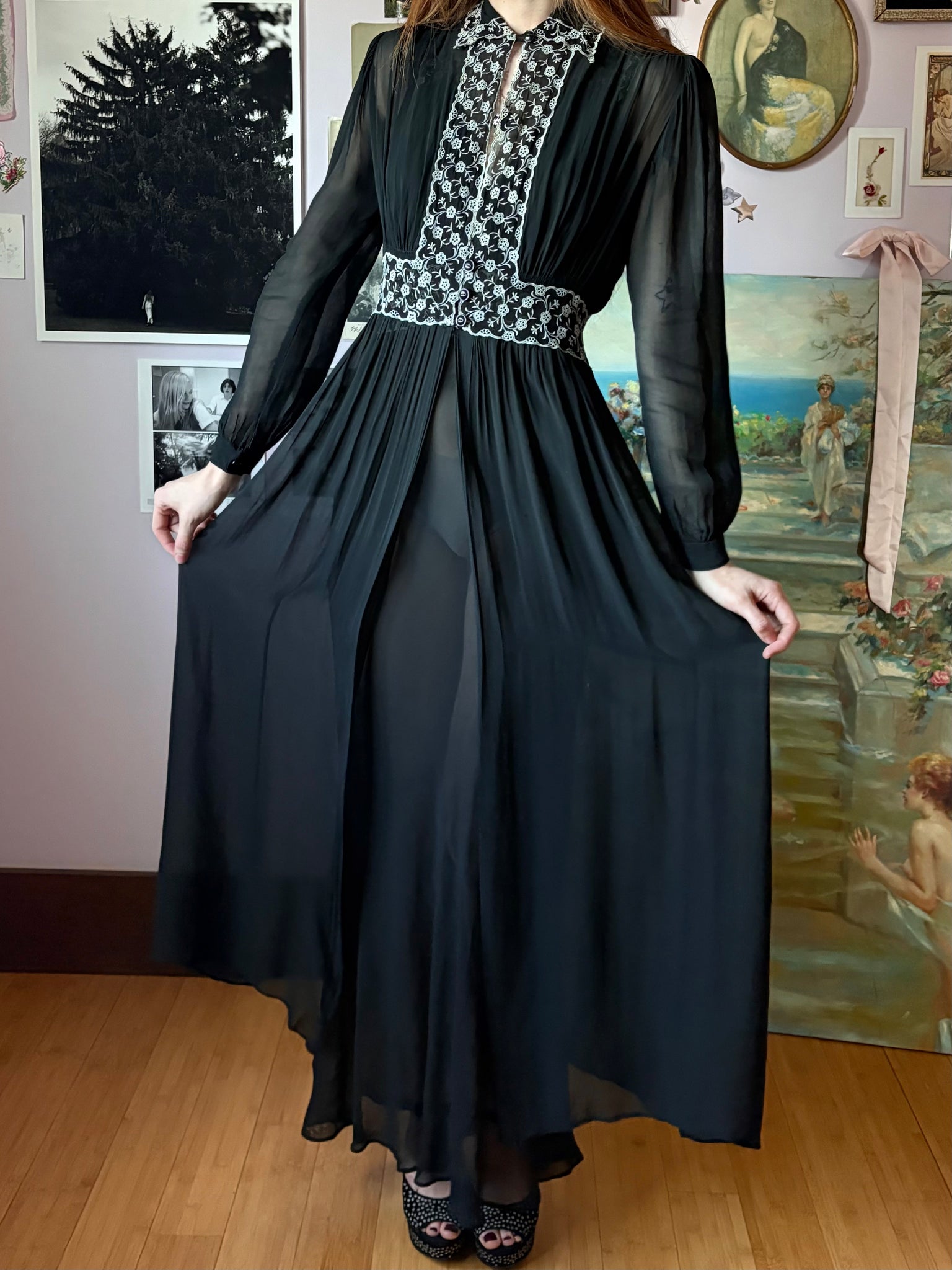 1940s Black Bias Cut Slip Rayon Sheer Mesh Lace Trim Dress Peignoir Robe Set