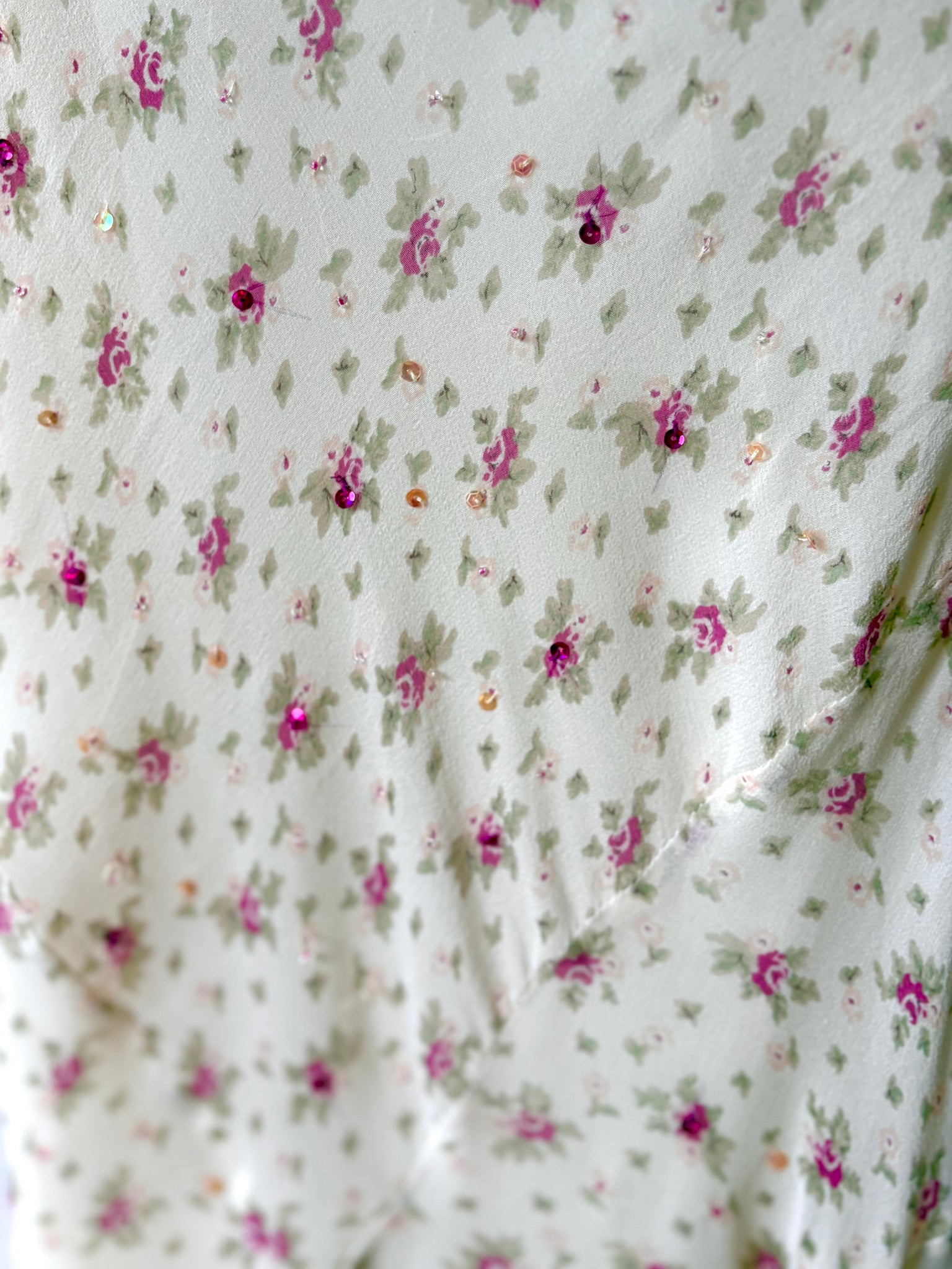 1990s Silk Chiffon Floral Cream Cowl Neck Bias Cut Slip Dress