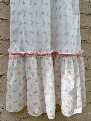 1930s White Cotton Floral Bias Cut Slip Dress Peignoir Set Puff Sleeves Pink Ribbon Rose Floral
