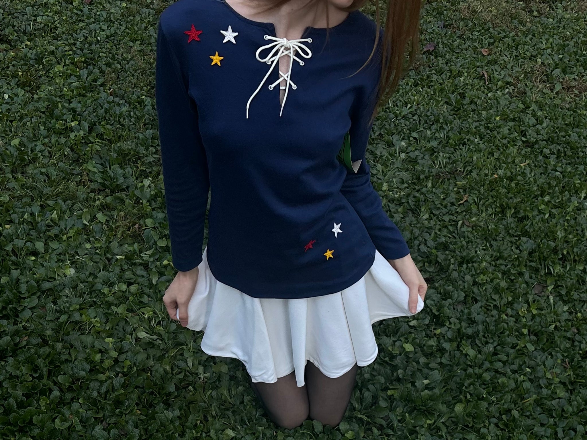 1970s Star Appliqué Navy Blue Lace Up Tee T Shirt Long Sleeve Deadstock