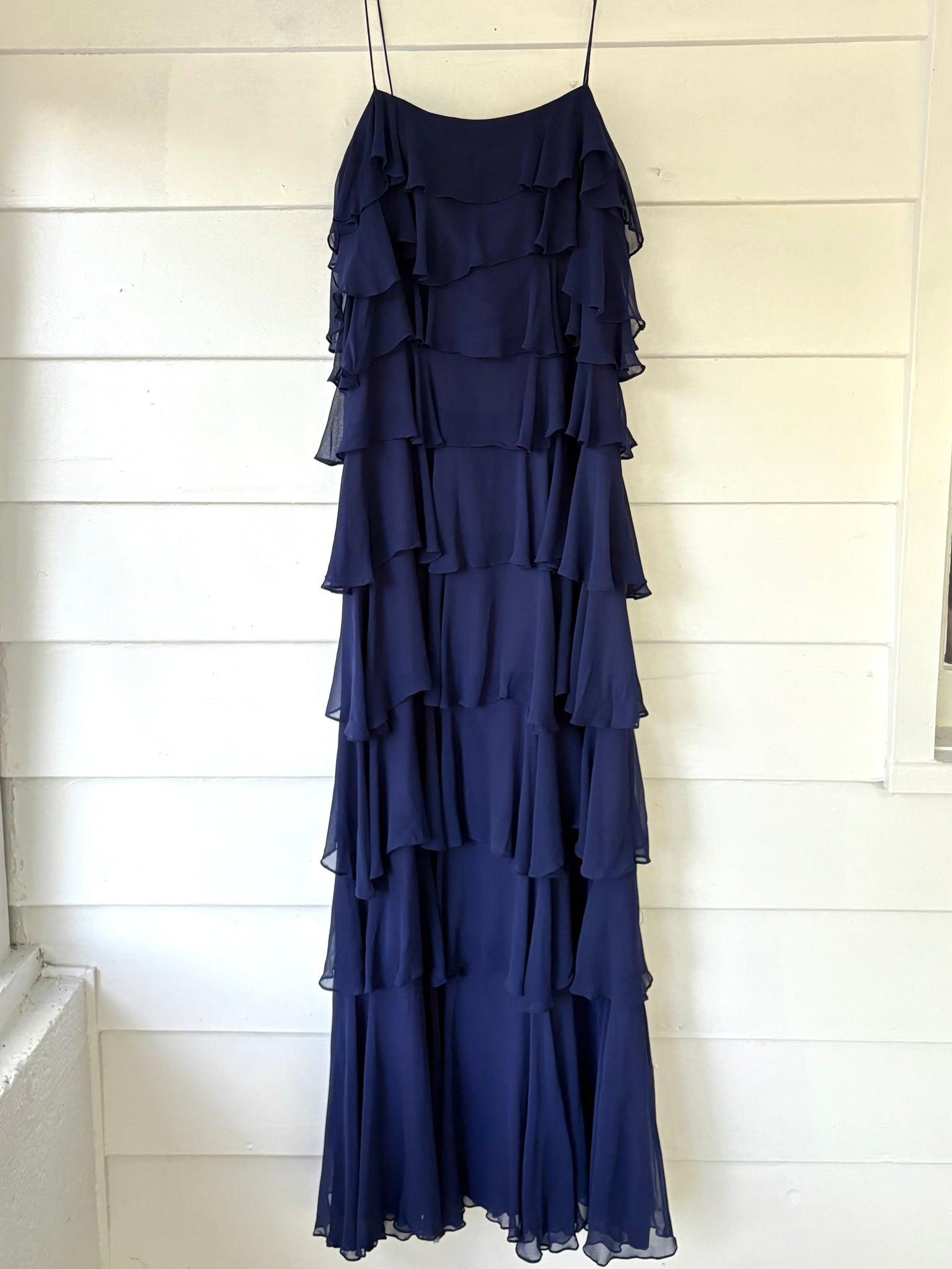 1980s Navy Blue Silk Chiffon Ruffle Cascade Dress Long Gown
