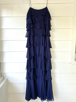 1980s Navy Blue Silk Chiffon Ruffle Cascade Dress Long Gown