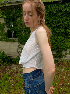 1900s White Cotton Floral Dotted Embroidered Top