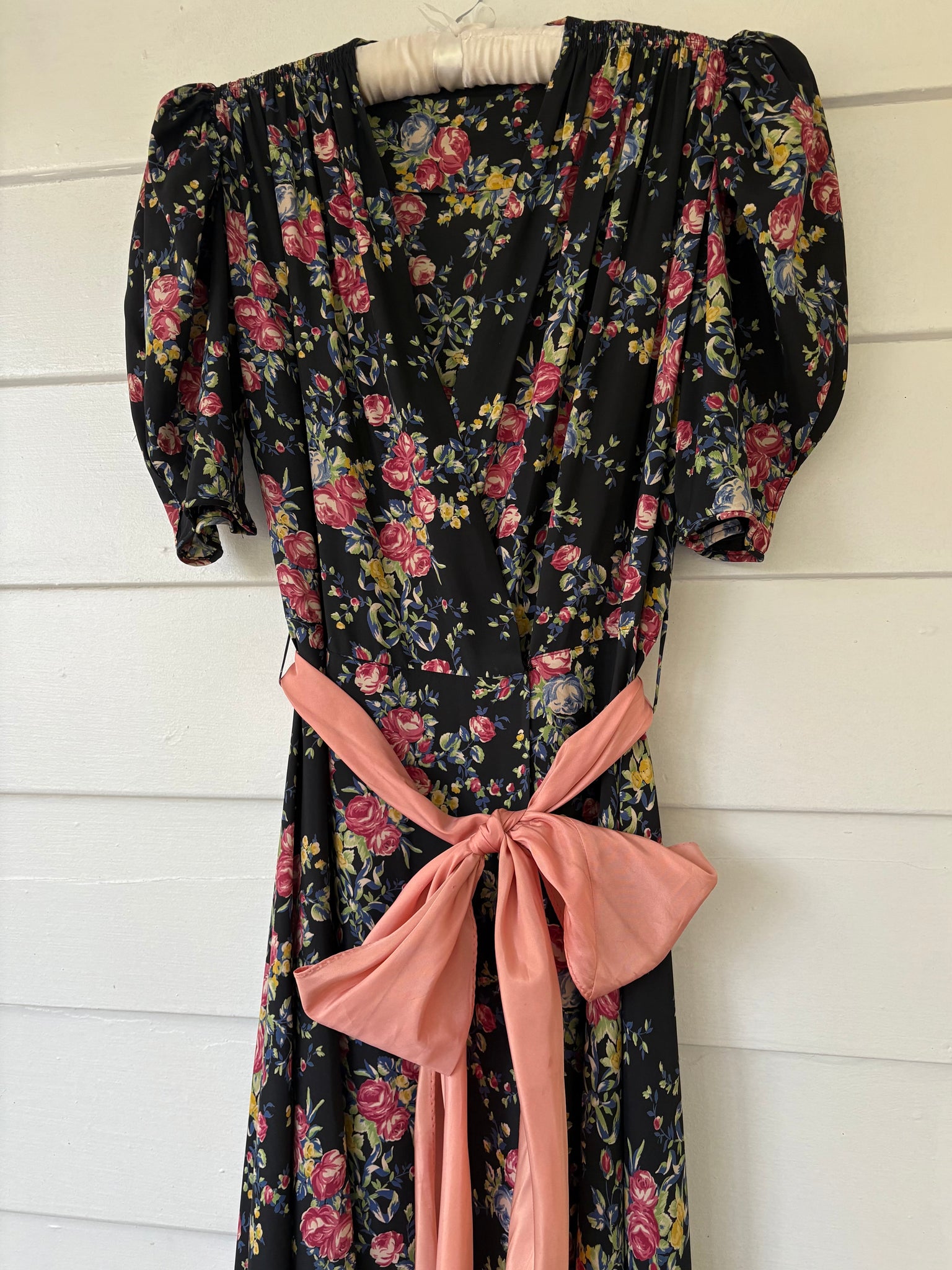 1940s Black Rose Floral Wrap Dress Printed Rayon Puff Sleeve