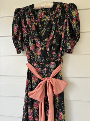 1940s Black Rose Floral Wrap Dress Printed Rayon Puff Sleeve