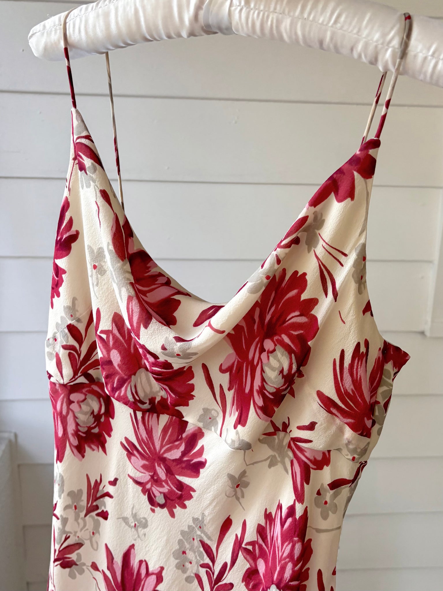 1990s Silk Floral Cream Cowl Neck Dress