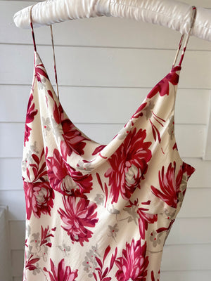 1990s Silk Floral Cream Cowl Neck Dress